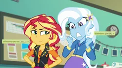 Size: 1276x714 | Tagged: safe, derpibooru import, edit, edited screencap, screencap, sunset shimmer, trixie, derpibooru, equestria girls, equestria girls series, forgotten friendship, inverted mouth, jealous, meta, tags