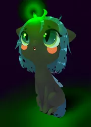 Size: 1080x1500 | Tagged: safe, artist:labglab, derpibooru import, queen chrysalis, changeling, pony, big eyes, blushing, chibi, child, cute, cutealis, dark background, green eyes, magic, rcf community, solo, wings