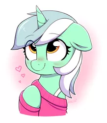 Size: 2191x2507 | Tagged: safe, artist:moozua, derpibooru import, lyra heartstrings, pony, unicorn, blushing, clothes, cute, eye clipping through hair, female, floppy ears, gradient background, heart, looking up, lyrabetes, mare, raised hoof, signature, smiling, solo, sweater