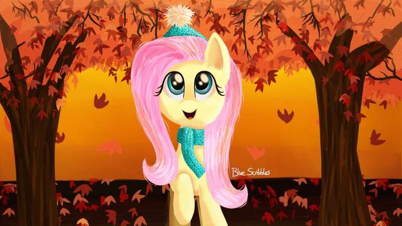 Size: 1024x575 | Tagged: safe, artist:just_dawn, derpibooru import, fluttershy, pegasus, pony, autumn, clothes, falling leaves, female, folded wings, hat, leaves, looking up, mare, open mouth, outdoors, raised hoof, scarf, smiling, solo, tree, wings