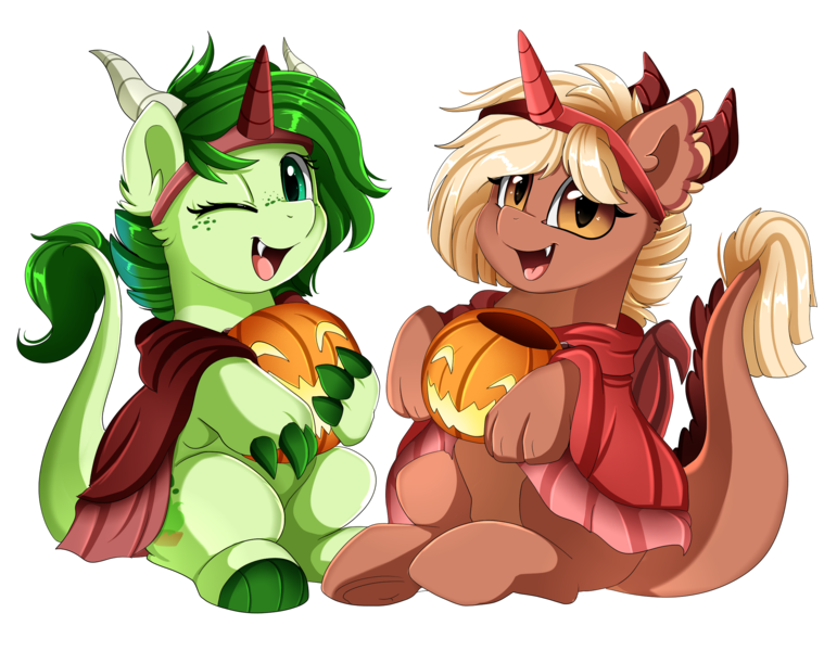 Size: 2516x1989 | Tagged: safe, artist:pridark, derpibooru import, oc, unofficial characters only, dracony, dragon, hybrid, pony, unicorn, commission, cute, fangs, halloween, holiday, horns, jack-o-lantern, ocbetes, one eye closed, open mouth, pumpkin, simple background, sitting, transparent background, underhoof, wink