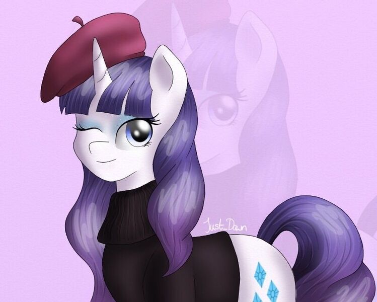 Size: 800x641 | Tagged: safe, artist:just_dawn, derpibooru import, rarity, pony, unicorn, sweet and elite, beatnik rarity, beret, clothes, eyeshadow, female, hat, makeup, mare, one eye closed, solo, sweater, wink, zoom layer