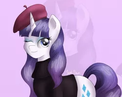 Size: 800x641 | Tagged: safe, artist:just_dawn, derpibooru import, rarity, pony, unicorn, sweet and elite, beatnik rarity, beret, clothes, eyeshadow, female, hat, makeup, mare, one eye closed, solo, sweater, wink, zoom layer