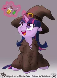 Size: 4000x5500 | Tagged: safe, artist:dfectivedvice, artist:wodahseht, derpibooru import, twilight sparkle, pony, unicorn, candy, cute, female, filly, filly twilight sparkle, food, gradient background, hat, sitting, solo, twiabetes, witch, witch hat, younger