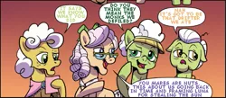 Size: 513x223 | Tagged: suggestive, artist:pencils, derpibooru import, edit, idw, apple rose, auntie applesauce, goldie delicious, granny smith, earth pony, pony, comic, female, floppy ears, glasses, gold horseshoe gals, hooves, mare, open mouth, speech bubble, text edit