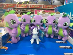 Size: 720x540 | Tagged: safe, derpibooru import, photographer:charleschiamchuangchao, rarity, spike, female, irl, malaysia, male, multeity, photo, piper perri surrounded, plushie, shipping, sparity, straight, toys r us