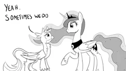 Size: 1280x720 | Tagged: safe, artist:sintakhra, derpibooru import, gallus, princess luna, gryphon, tumblr:studentsix, ask, lineart, looking at each other, monochrome, raised hoof, simple background, speech bubble, tumblr, white background