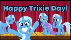 Size: 1732x980 | Tagged: safe, derpibooru import, trixie, pony, unicorn, best pony, cape, clothes, cute, diatrixes, excited, female, flutteryay, happy, incoming hug, mare, smiling, smug, stage, trixie army, trixie day, trixie's cape, yay