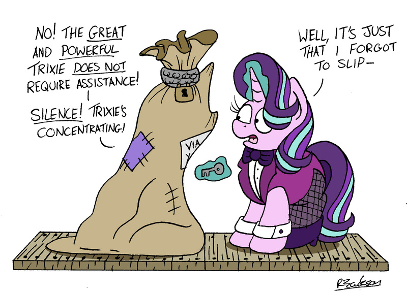 Size: 5865x4247 | Tagged: safe, artist:bobthedalek, derpibooru import, starlight glimmer, trixie, pony, unicorn, absurd resolution, assistant, assistant's outfit, bowtie, chains, clothes, duo, escape act, female, fishnets, high heels, jacket, key, lock, magic, magic show, magic trick, mare, padlock, sack, shoes, simple background, telekinesis, this will not end well, white background