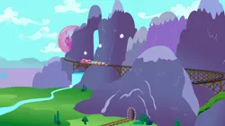 Size: 1440x810 | Tagged: a canterlot wedding, bridge, canterlot, derpibooru import, force field, friendship express, magic bubble, mountain, no pony, railroad, river, safe, scenery, screencap, train, waterfall