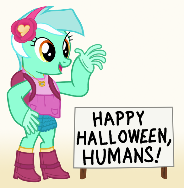 Size: 1403x1436 | Tagged: safe, derpibooru import, lyra heartstrings, pony, bipedal, clothes, costume, equestria girls outfit, gloves, gradient background, halloween, halloween costume, holiday, human costume, humie, rubber gloves, solo, what has science done