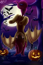 Size: 1000x1500 | Tagged: safe, artist:xflutt, derpibooru import, fluttershy, bat, bat pony, armpits, bat ponified, fangs, female, flutterbat, full moon, gravestone, graveyard, halloween, holiday, jack-o-lantern, looking at you, moon, prehensile tail, pumpkin, race swap, solo, spider web, spread wings, tree, tree branch, upside down, wings