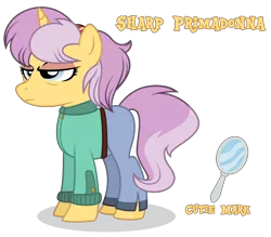 Size: 5009x4397 | Tagged: safe, artist:binkyt11, derpibooru import, oc, oc:primadonna, unofficial characters only, pony, unicorn, absurd resolution, belt, clothes, cutie mark, eyeshadow, female, headband, inkscape, jacket, jeans, makeup, mare, mirror, mother, pants, show accurate, simple background, solo, transparent background, vector