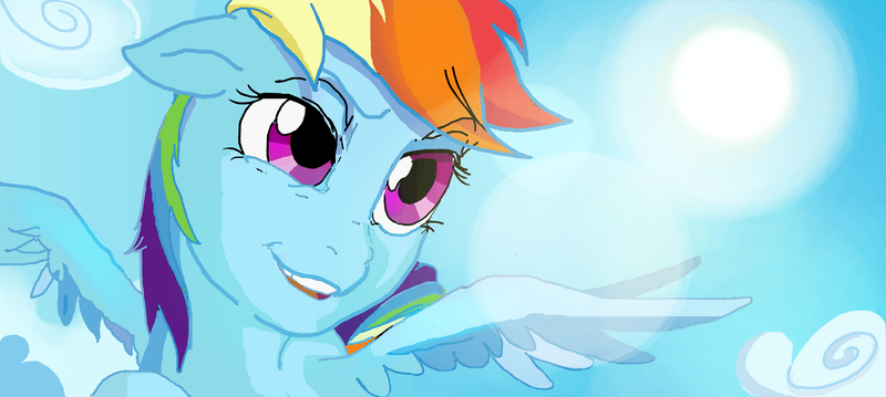 Size: 4560x2048 | Tagged: safe, artist:ponyhiall, derpibooru import, rainbow dash, pegasus, pony, cloud, female, flying, sky, sun