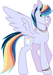 Size: 400x562 | Tagged: safe, artist:shiiazu, derpibooru import, oc, oc:tidal wave, unofficial characters only, pegasus, pony, base used, bracelet, cutie mark, grin, jewelry, looking at you, male, necklace, next generation, offspring, one eye closed, parent:rainbow dash, parent:soarin', parents:soarindash, shark tooth, shark tooth necklace, signature, simple background, smiling, solo, spread wings, stallion, surfboard, transparent background, wings, wink