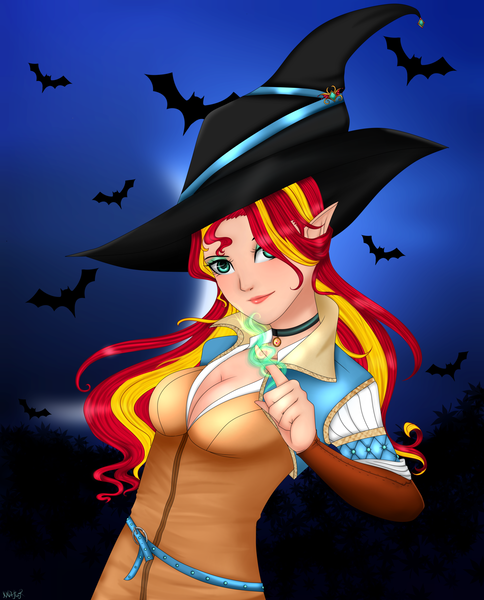 Size: 1600x1984 | Tagged: artist:mdeltar, bat, clothes, costume, derpibooru import, elf ears, halloween, halloween costume, hat, holiday, human, humanized, magic, safe, solo, sorceress, sunset shimmer, the witcher, triss merigold, witch hat