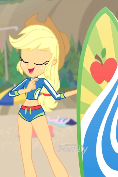 Size: 480x720 | Tagged: safe, derpibooru import, screencap, applejack, blue crushed, equestria girls, equestria girls series, applejack's hat, belly button, clothes, cowboy hat, cropped, discovery family logo, eyes closed, female, hat, legs, smiling, solo, solo focus, surfboard, swimsuit