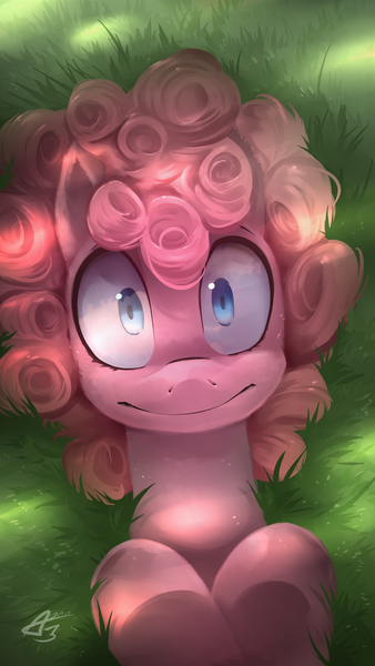 Size: 2162x3840 | Tagged: safe, artist:icychamber, derpibooru import, pinkie pie, pony, grass, on back, solo, wide eyes