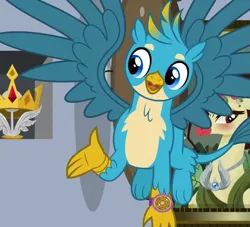 Size: 695x630 | Tagged: safe, derpibooru import, screencap, gallus, gryphon, a matter of principals, chest fluff, claws, cropped, crown, crown of grover, jewelry, male, paws, regalia, spread wings, wings