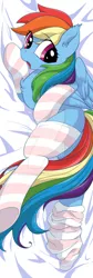 Size: 400x1184 | Tagged: safe, artist:yukandasama, derpibooru import, rainbow dash, pegasus, pony, body pillow, body pillow design, clothes, deviantart watermark, female, mare, obtrusive watermark, socks, solo, stockings, striped socks, thigh highs, watermark