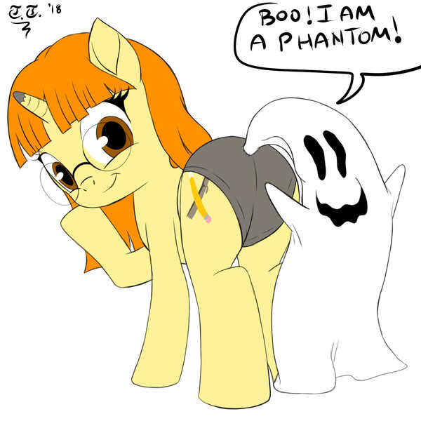 Size: 1500x1500 | Tagged: suggestive, artist:tomtornados, derpibooru import, oc, oc:sam art s, ghost, pony, undead, unicorn, butt, clothes, female, glasses, halloween, holiday, panties, plot, solo, solo female, speech bubble, underwear