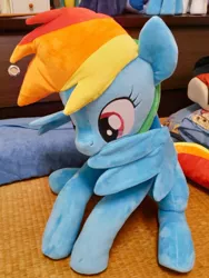 Size: 768x1024 | Tagged: safe, artist:nekokevin, derpibooru import, rainbow dash, pegasus, pony, behaving like a bird, cute, dashabetes, female, grooming, irl, mare, nom, open mouth, photo, plushie, preening, sitting, smiling, solo, spread wings, wings