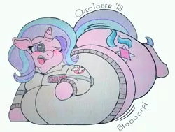 Size: 3004x2268 | Tagged: safe, artist:dorky-oreo-pone, derpibooru import, starlight glimmer, pony, belly, big belly, blushing, chubby cheeks, clothes, costume, embarrassed, fat, female, ghostbusters, huge belly, morbidly obese, obese, signature, simple background, solo, squishy, starlard glimmer, stomach noise, story included, traditional art, weight gain