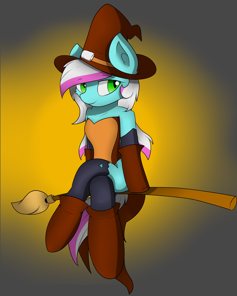 Size: 1800x2250 | Tagged: safe, artist:llhopell, derpibooru import, oc, oc:soffy, unofficial characters only, earth pony, pony, broom, clothes, costume, dress, female, flying, flying broomstick, gradient background, halloween, halloween costume, hat, holiday, mare, sexy, shoes, solo, tights, witch, witch hat