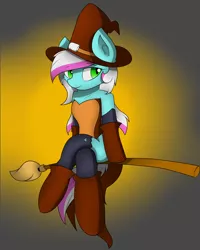 Size: 1800x2250 | Tagged: safe, artist:llhopell, derpibooru import, oc, oc:soffy, unofficial characters only, earth pony, pony, broom, clothes, costume, dress, female, flying, flying broomstick, gradient background, halloween, halloween costume, hat, holiday, mare, sexy, shoes, solo, tights, witch, witch hat