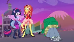 Size: 1920x1080 | Tagged: safe, derpibooru import, screencap, sci-twi, sunset shimmer, twilight sparkle, wallflower blush, equestria girls, equestria girls series, forgotten friendship, boots, clothes, costume, crying, dress, female, fetal position, glasses, high heel boots, mountain, parking lot, pickup truck, ponied up, ponytail, remorse, sad, school, scitwilicorn, shoes, stars, super ponied up, truck