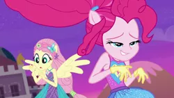 Size: 1920x1080 | Tagged: safe, derpibooru import, screencap, fluttershy, pinkie pie, equestria girls, equestria girls series, forgotten friendship, clothes, enjoying, gloves, grin, hand, jazz hands, open mouth, ponied up, silly face, smiling, smirk, super ponied up, transformation, varying degrees of want