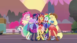 Size: 1920x1080 | Tagged: safe, derpibooru import, screencap, applejack, fluttershy, pinkie pie, rainbow dash, rarity, sci-twi, sunset shimmer, twilight sparkle, twilight sparkle (alicorn), alicorn, equestria girls, equestria girls series, forgotten friendship, animation error, clothes, humane five, humane seven, humane six, pantyhose, ponied up, scitwilicorn