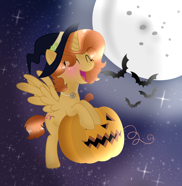 Size: 2048x2090 | Tagged: alicorn, alicorn oc, artist:doraeartdreams-aspy, base used, bat, derpibooru import, halloween, halloween 2018, hat, holiday, horn, jack-o-lantern, jewelry, moon, necklace, night, night sky, oc, oc:aspen, pumpkin, safe, sky, spread wings, wings, witch hat