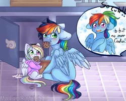 Size: 768x616 | Tagged: safe, artist:malinraf1615, derpibooru import, rainbow dash, oc, oc:maxillian, oc:rainbow pastel, pegasus, pony, baby, baby pony, blank flank, blushing, brother and sister, clothes, colt, cookie, cookie jar, cute, female, filly, foal, food, heterochromia, hoodie, male, mouth hold, multicolored hair, ocbetes, offscreen character, offspring, parent:rainbow dash, parent:soarin', parents:soarindash, ponytail, rainbow hair, siblings