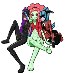 Size: 2872x3000 | Tagged: safe, artist:artemis-polara, derpibooru import, adagio dazzle, aria blaze, sonata dusk, equestria girls, rainbow rocks, barefoot, beckoning, belly button, boots, catsuit, catwoman, clothes, costume, crossed arms, feet, female, goggles, halloween, halloween costume, harley quinn, holiday, latex, looking at you, mask, poison ivy, shoes, simple background, sitting, smiling, soles, the dazzlings, toes, transparent background