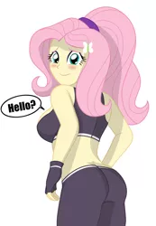 Size: 1292x1867 | Tagged: safe, artist:sumin6301, derpibooru import, fluttershy, bat pony, equestria girls, adorasexy, ass, blushing, breasts, busty fluttershy, butt, clothes, cute, dialogue, female, fingerless gloves, flutterbat, flutterbutt, gloves, looking at you, looking back, looking back at you, midriff, pants, race swap, sexy, shyabetes, sideboob, smiling, solo, speech bubble, sports bra, sports outfit, yoga pants