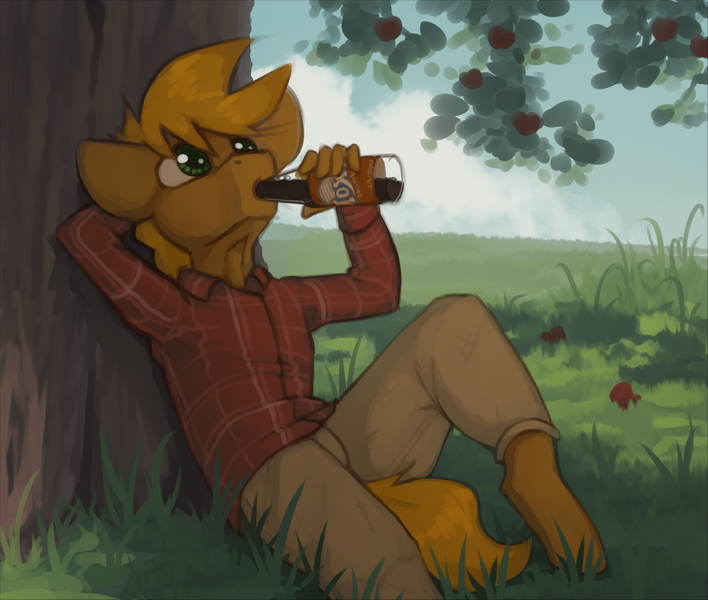 Size: 2022x1713 | Tagged: anthro, apple, artist:marsminer, bottle, clothes, derpibooru import, drinking, food, grass, grass field, green eyes, long sleeves, male, moxie soda, oc, oc:mox, plaid, plaid shirt, safe, shirt, solo, stallion, tree, unguligrade anthro, unofficial characters only