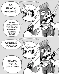 Size: 960x1200 | Tagged: safe, artist:mamatwilightsparkle, derpibooru import, shining armor, spike, dragon, pony, unicorn, armor, baby, baby spike, clothes, comic, costume, cute, dialogue, grayscale, halloween, halloween costume, helmet, holiday, monochrome, speech bubble, spikabetes, sword, weapon, wooden sword, younger