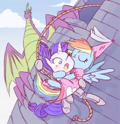 Size: 752x776 | Tagged: safe, artist:raridashdoodles, derpibooru import, rainbow dash, rarity, spike, dragon, pegasus, pony, unicorn, armor, blushing, clothes, damsel in distress, dress, female, kiss on the cheek, kissing, knight, lesbian, mare, princess, rainbow dash always dresses in style, raridash, rescue, role reversal, rope, shipping, spikezilla, winged spike, winged spikezilla