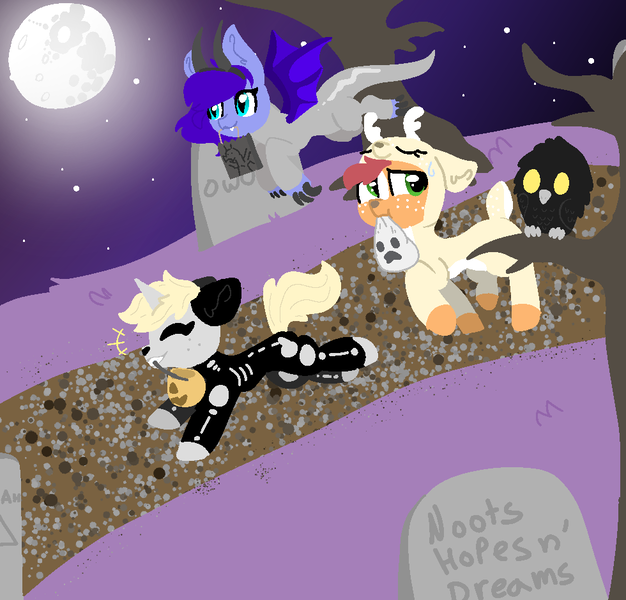 Size: 980x940 | Tagged: safe, artist:nootaz, derpibooru import, oc, oc:amplitude, oc:game guard, oc:nootaz, bat pony, pony, unicorn, bat pony oc, bat wings, clothes, costume, deer costume, dragon costume, full moon, gametaz, gravestone, mare in the moon, moon, nightmare night, one krabs trash, owo, pumpkin bucket, skeleton costume, spongebob squarepants, wings