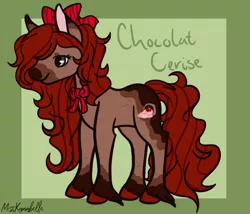Size: 1750x1500 | Tagged: safe, artist:misskanabelle, derpibooru import, oc, oc:chocolat cerise, unofficial characters only, earth pony, pony, abstract background, bow, earth pony oc, female, hair bow, hoof fluff, image, mare, offspring, parent:cherry jubilee, parent:trouble shoes, parent:troubleshoes clyde, parents:cherryshoes, png, ribbon, signature, solo, unshorn fetlocks