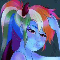 Size: 1013x1013 | Tagged: safe, artist:nichroniclesvsart, derpibooru import, rainbow dash, equestria girls, bat wings, clothes, costume, demon wings, devil horns, halloween, halloween costume, holiday, instagram, looking at you, smiling, wings