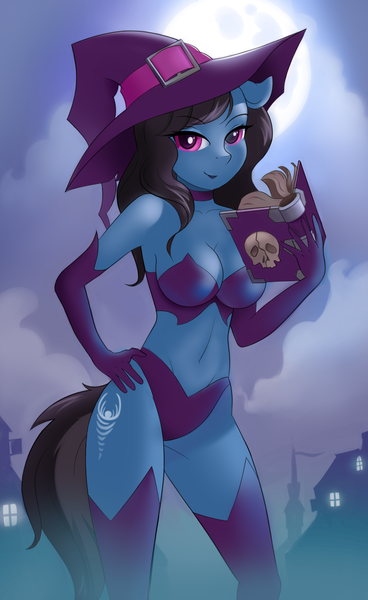 Size: 1128x1840 | Tagged: anthro, anthro oc, artist:kyrgyzpopstar, book, breasts, commission, derpibooru import, female, halloween, holiday, looking at you, mare, oc, oc:procelle, solo, solo female, suggestive, unofficial characters only, witch, ych result