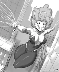 Size: 1000x1214 | Tagged: artist:johnjoseco, ask gaming princess luna, clothes, commissioner:imperfectxiii, costume, dead source, derpibooru import, female, grayscale, gwen stacy, human, humanized, marvel, monochrome, pinkie pie, safe, solo, spider-gwen, spider-man