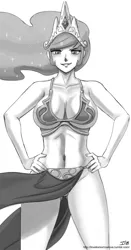 Size: 1000x1914 | Tagged: absolute cleavage, artist:johnjoseco, ask gaming princess luna, belly button, bikini, bikini top, breasts, busty princess celestia, cleavage, clothes, cosplay, costume, derpibooru import, female, grayscale, human, humanized, loincloth, midriff, monochrome, panties, panty shot, praise the sun, princess celestia, princess leia, signature, simple background, slave leia outfit, solo, solo female, star wars, stupid sexy celestia, suggestive, swimsuit, underass, underwear, white background