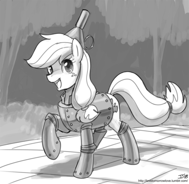 Size: 1000x972 | Tagged: applejack, artist:johnjoseco, ask gaming princess luna, clothes, costume, derpibooru import, female, grayscale, monochrome, safe, sketch, the wizard of oz, tinman