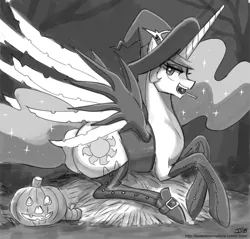 Size: 1100x1051 | Tagged: suggestive, artist:johnjoseco, derpibooru import, princess celestia, alicorn, pony, ask gaming princess luna, butt, candy, clothes, cosplay, costume, female, food, grayscale, halloween, hat, holiday, leather, looking at you, looking back, looking back at you, mare, mercy, monochrome, overwatch, plot, solo, solo female, witch hat