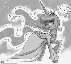 Size: 1200x1091 | Tagged: artist:johnjoseco, ask gaming princess luna, clothes, crown, derpibooru import, dress, grayscale, jewelry, luma, monochrome, night, night sky, night sky background, pretty, princess luna, regalia, rosalina, safe, sketch, sky, solo, super mario galaxy, wand