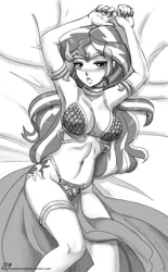 Size: 1000x1618 | Tagged: suggestive, artist:johnjoseco, derpibooru import, sunset shimmer, genie, human, ask gaming princess luna, equestria girls, armlet, armpits, belly button, belly dancer, belly dancer outfit, bikini, bikini top, blushing, breasts, busty sunset shimmer, clothes, cutie mark on human, female, grayscale, humanized, jewelry, leg bracelet, loincloth, looking at you, monochrome, nail polish, open mouth, shantae, shantae: risky's revenge, sketch, solo, swimsuit