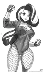 Size: 1000x1667 | Tagged: artist:johnjoseco, ask gaming princess luna, black canary, breasts, clothes, costume, cutie mark on human, derpibooru import, female, fishnet pantyhose, gloves, grayscale, human, humanized, jacket, leotard, monochrome, safe, sketch, smiling, solo, starlight glimmer